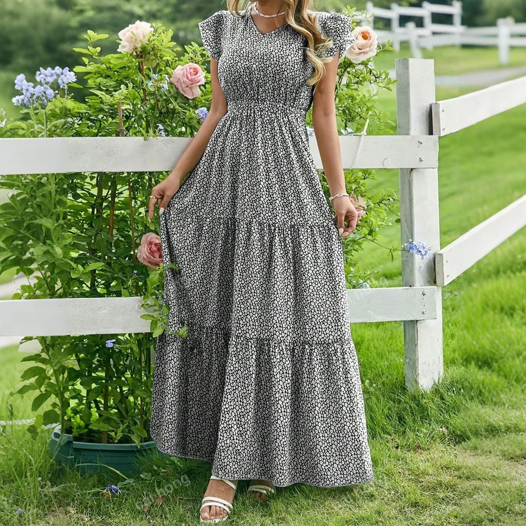 Abito da donna con scollo a V, vita alta, stampa floreale, multistrato, manica corta, casual, maxi, per l'uso quotidiano