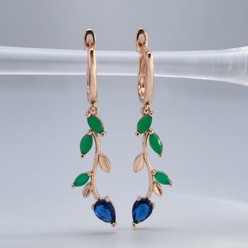 Long Leaf Drop Earrings For Women Rose Gold With Shiny Green Natural Zircon Accessories Vintage Daily Fine Jewelry