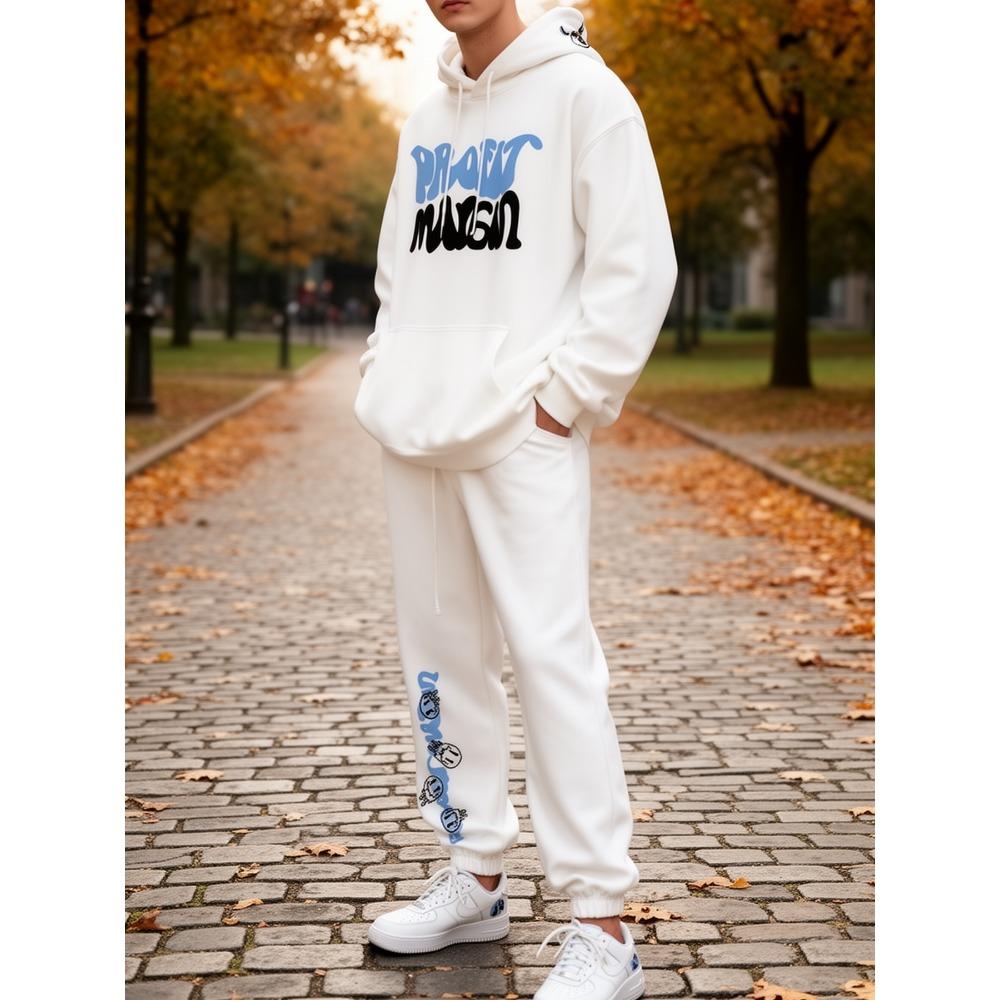 

Casual Men s Letter Printed Drawstring Pocket Hoodie and Drawstring Outdoor Casual Sports Pants Set, Personalized Set Worth Having S белый