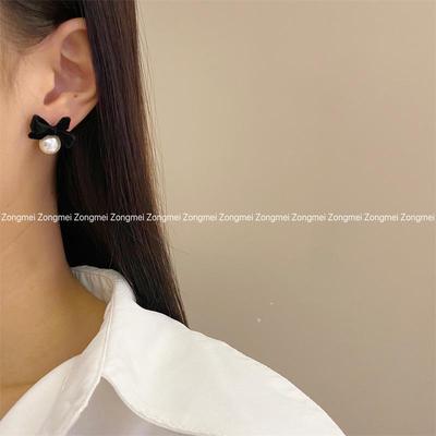 2026 Trendy Velvet Pearl Bow Earrings for Women - High-End Niche Design In Black
