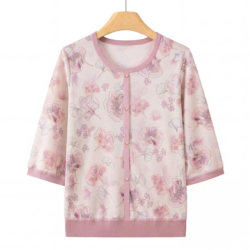 Yu Zhaolin Women s Floral Print Mid-Sleeve Knit Top XL