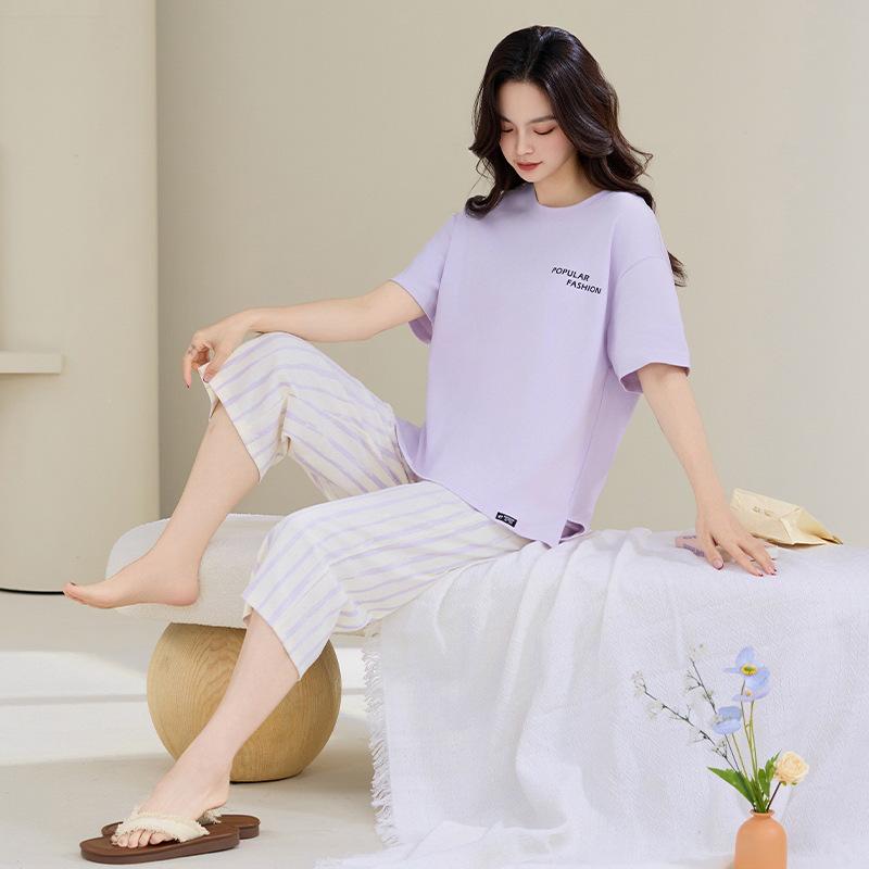 

Женский летний пижамный комплект из чистого хлопка - Топ с коротким рукавом и брюки 7/8, Свободная повседневная домашняя одежда для носки в помещении/на улице 4XL (90-100 kg)