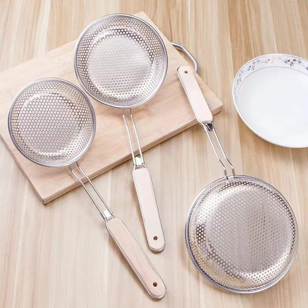 New Thickened Stainless Steel Strainer Fine Mesh Wooden Handle Skimmer Spoon Long Handle Kitchen Strainer Household Use