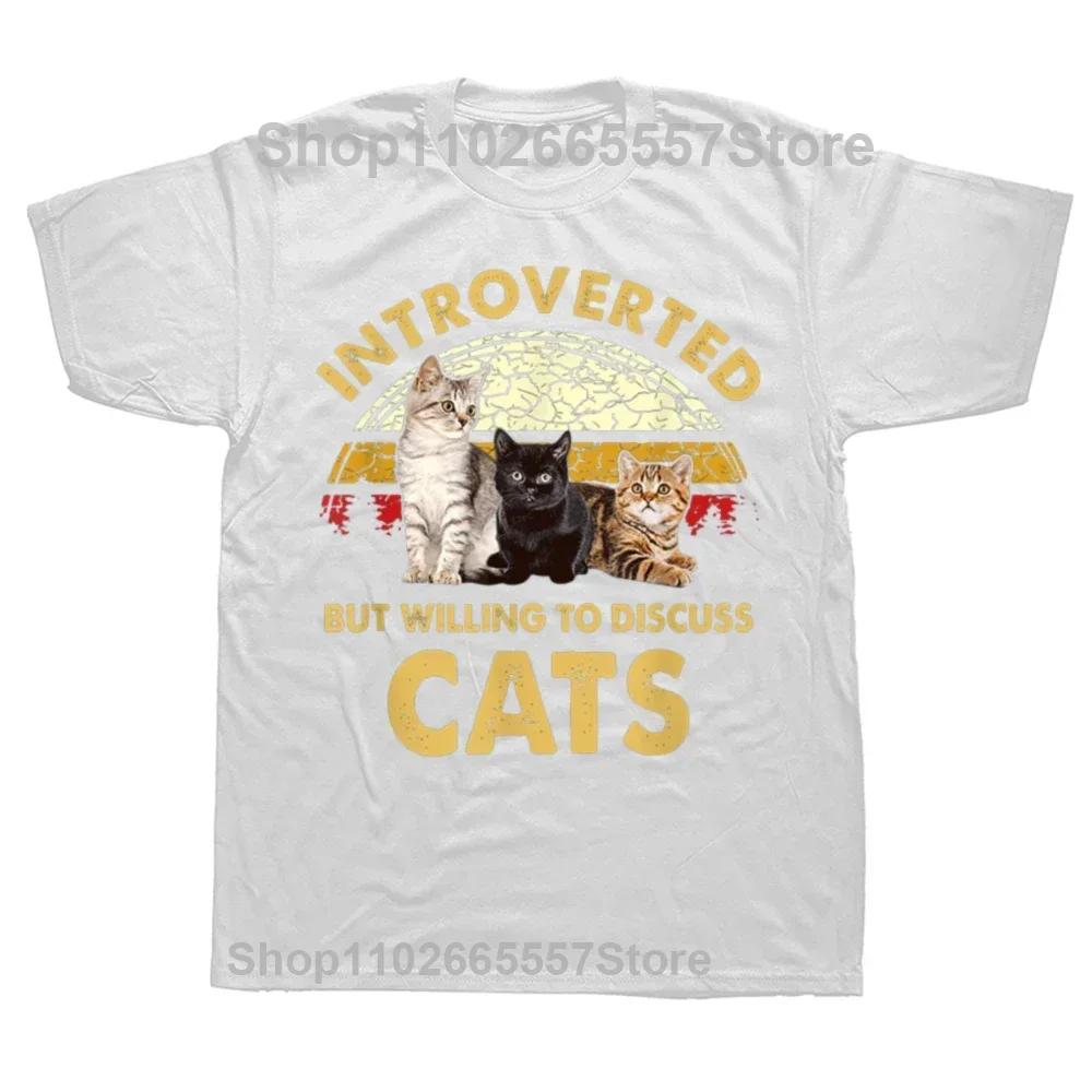 Introverted But Willing To Discuss Cats T Shirt Vintage Funny Design Tshirts 100 Cotton Novelty Tshirt Gift Cat Animal Lovers