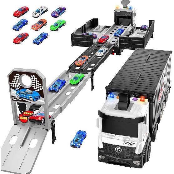Carrier Truck Race Track Toddlers Toys, Foldable 3 Layer Track Playset, Toy Truck Transport Car Carrier & 8 Race Cars, Truck Car Kids Toys Xmas Gifts