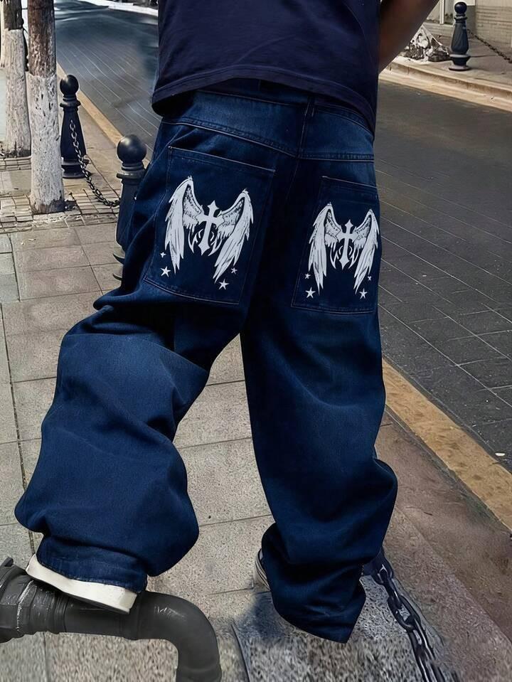 American Retro Multi-pocket Jeans Loose-fitting Straight Trendy Wide-leg Print Blue High Street Jeans