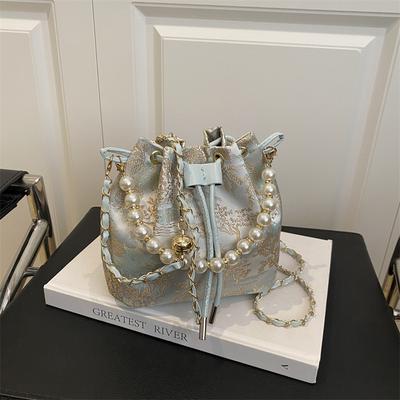 Hand Carry Pearl Bucket Bag Women's Spring New Chinese Embroidered Shoulder Bag Simple Texture Messenger Bag