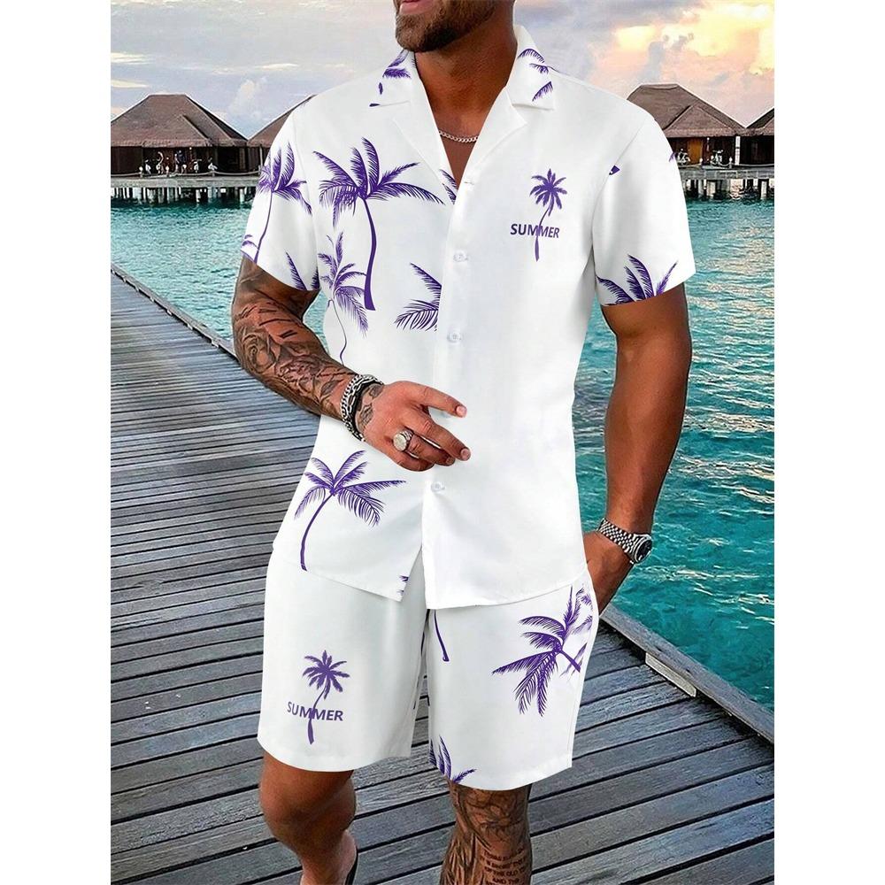 Summer New Men's Coconut Print Shirt Set High-quality Fashion Trend Shorts Hawaiian Style Casual Pool Top Outdoor Beach Two-piece Set