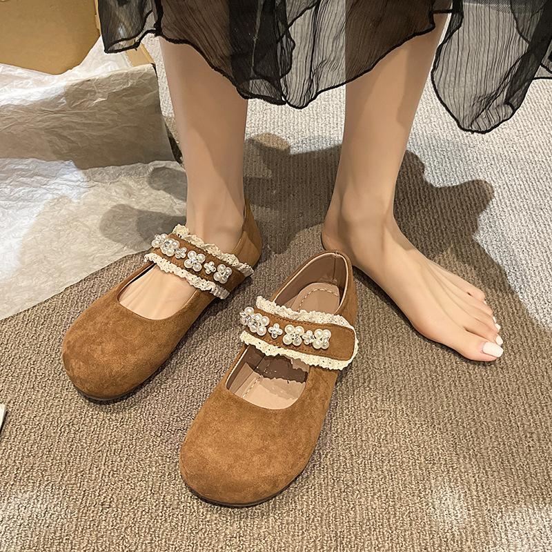 

Туфли Мэри Джейн на липучке женские весна-лето 2025 новые жемчужные туфли с неглубоким вырезом вечерний бриз с юбкой мягкая подошва шапочки 40 темно-коричневого