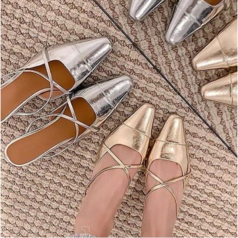 Fashion New Style Fashion Women Thick Heel Middle Heel Sandals Women's Slippers High End Silver Half Slippers Plus Size Zapatos Mujer