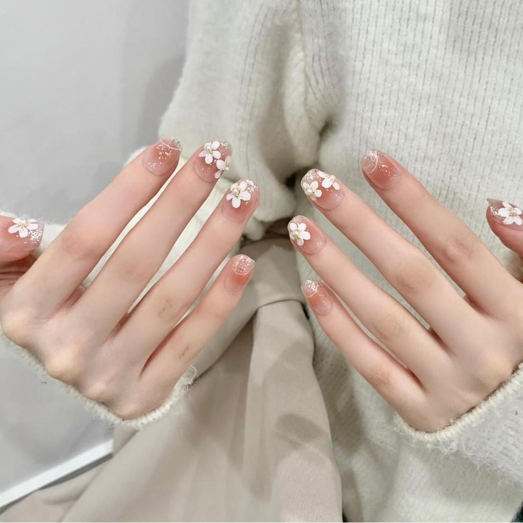 HANDMADE Artificial Nail Short Pink Cherry Blossom Gradient Cat Eye Fake Nail Set With Glue Reusable and Removable Press On Nails