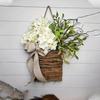Spring Artificial Hydrangea Flower Basket with Rattan Embroidery Ball for Farmhouse Front Door or Garden Decoration