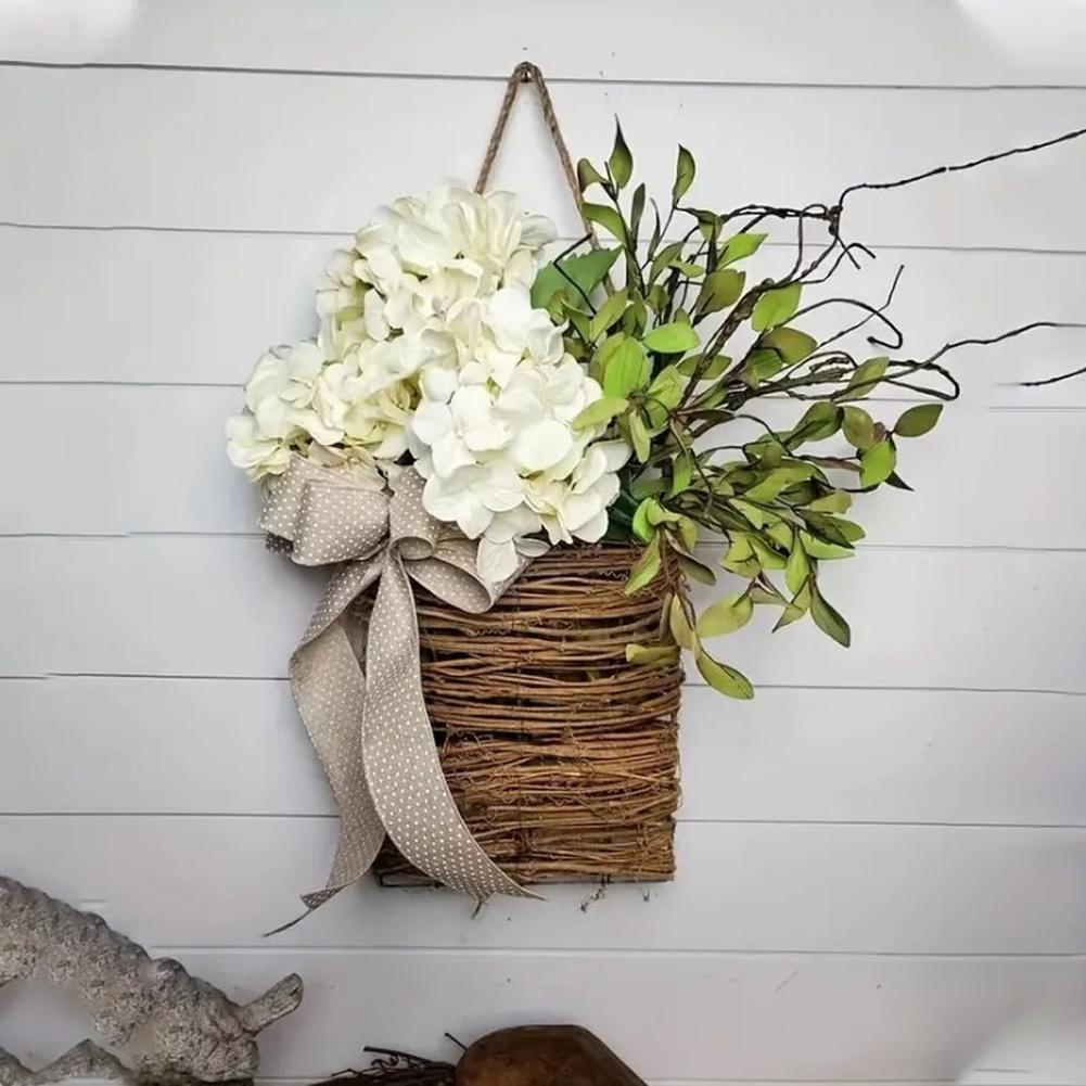 Spring Artificial Hydrangea Flower Basket with Rattan Embroidery Ball for Farmhouse Front Door or Garden Decoration