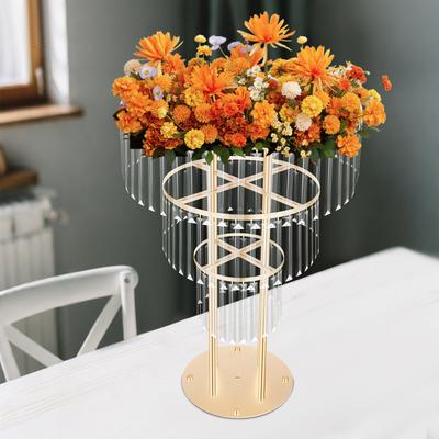Three-Tier Wedding Table Centerpiece Crystal Vase 35.4-inch Gold Table Centerpiece Crystal Flower Stand Metal Round Chandelier
