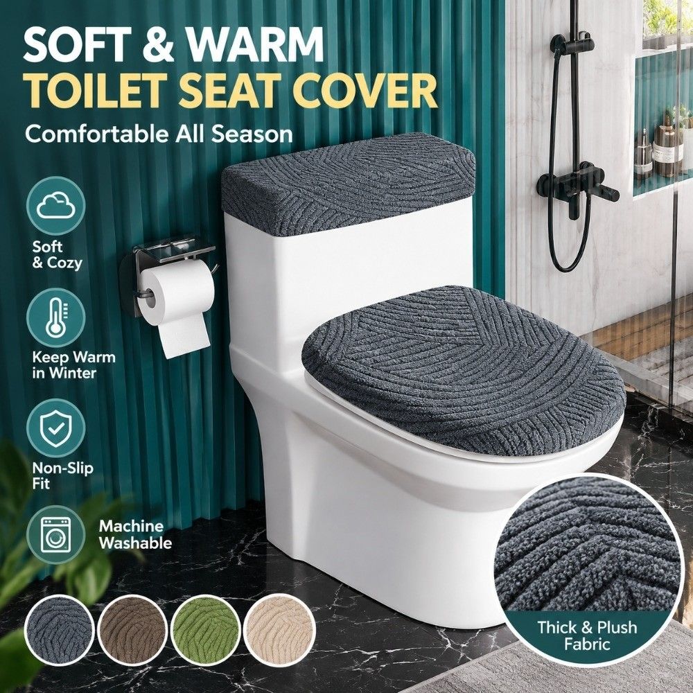 1 Set Dustproof Toilet Seat Cover Machine Washable Bathroom Toilet Cover Set Home Bathroom