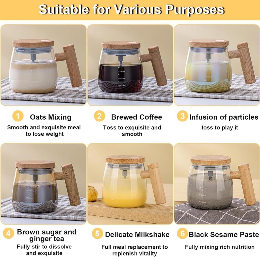Self Stirring Coffee Mug, Glass Electric Self Mixing Cup with Lid & Handle, 400ml