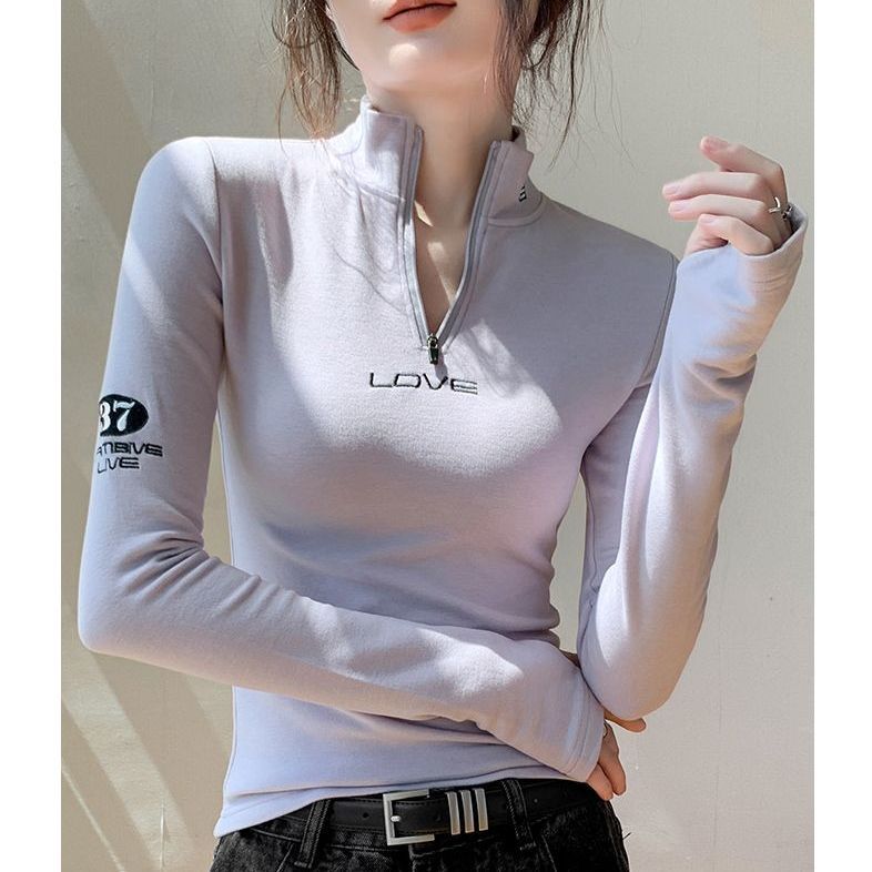 Women's Long-Sleeve T-Shirt Fall Sexy Slim Fit Stand Collar Zipper Double-Sided Fleece Base Shirt