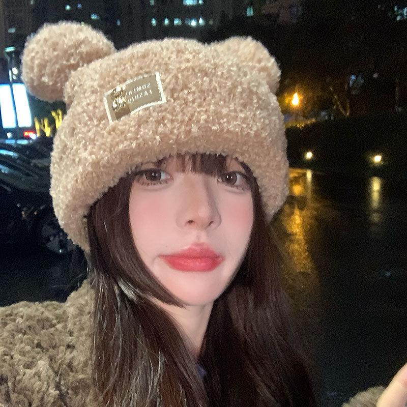 Thick Plush Bear Hat for Women Korean Version Fashionable Sweet and Versatile Face Friendly Small Warm and Windproof Knitted Hat