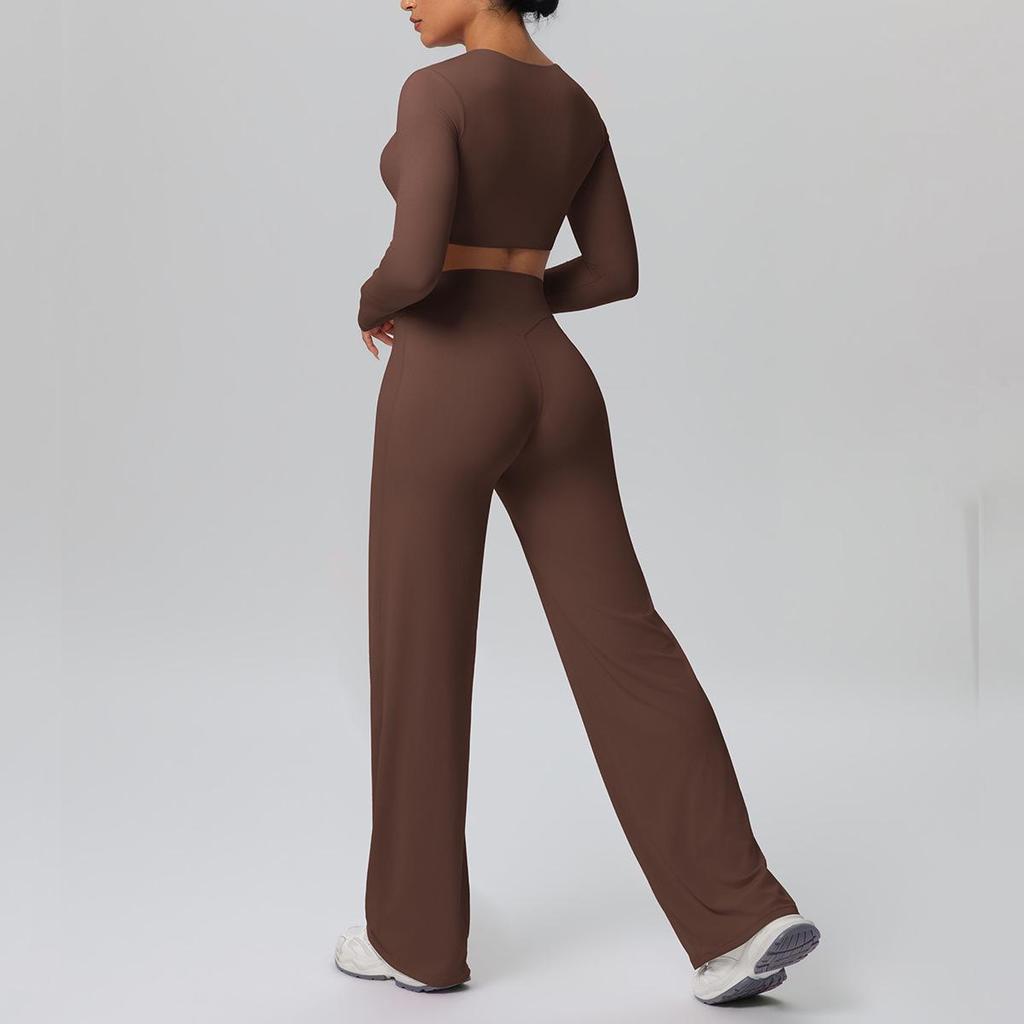 European Sportswear Yoga Set: Long Sleeve Top with Chest Pads and Breathable Straight-Leg Pants for Women