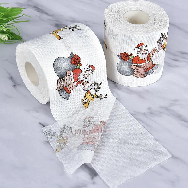 2Pcs Christmas Printed Tissue Disposable Printed Toilet Tissues Toilet Roll Paper Christmas Ornaments For Party New Year Gifts