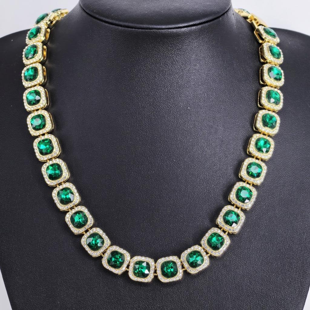 Men'S Square Glass 12Mm Hand Necklace Rock Sugar Chain Hip Hop Style Male Alloy