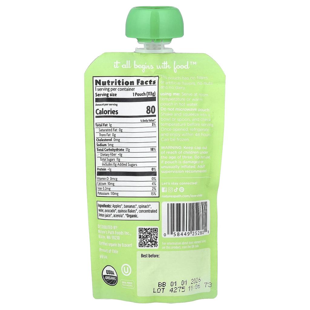 Love Child Organics, Nature's Path, Organic Baby Puree, 6+ Months, Apple, Banana, Spinach, Avocado, 4 oz (113 g)