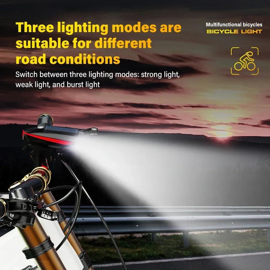 Self Defense Solar Bicycle Light USB Charging Bicycle Headlight Horn Light Mountain Bike Night Riding Light for Outdoor Camping