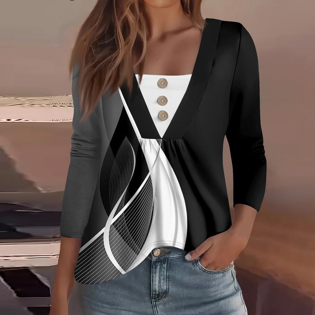 Dámská móda ležérní košile s dlouhým rukávem s květinovým potiskem, knoflíky do V s výstřihem