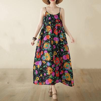 Sleeveless Strap Cotton Plus Size Vintage Floral New In Dresses For Women Casual Loose Long Summer Dress