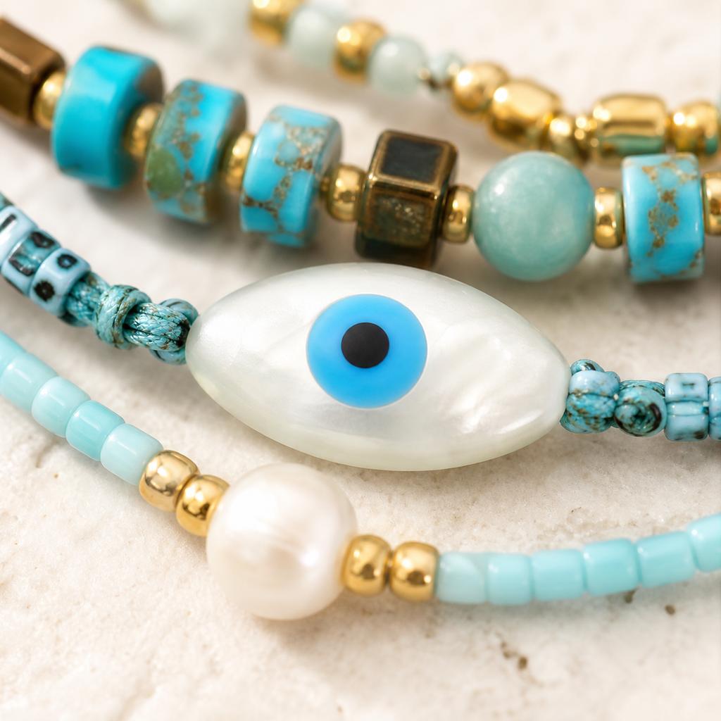 Go2boho Beaded Bracelet Set Turquoise Glass Natural Stone Ball Beads Evil Eye Bohemian Gift Jewelry for Women