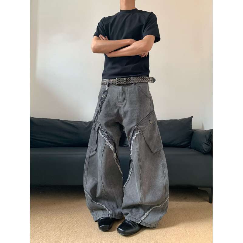 JYL Unisex Wide-Leg Jeans American New Vintage Washed Raw Edge Loose Bootcut Denim