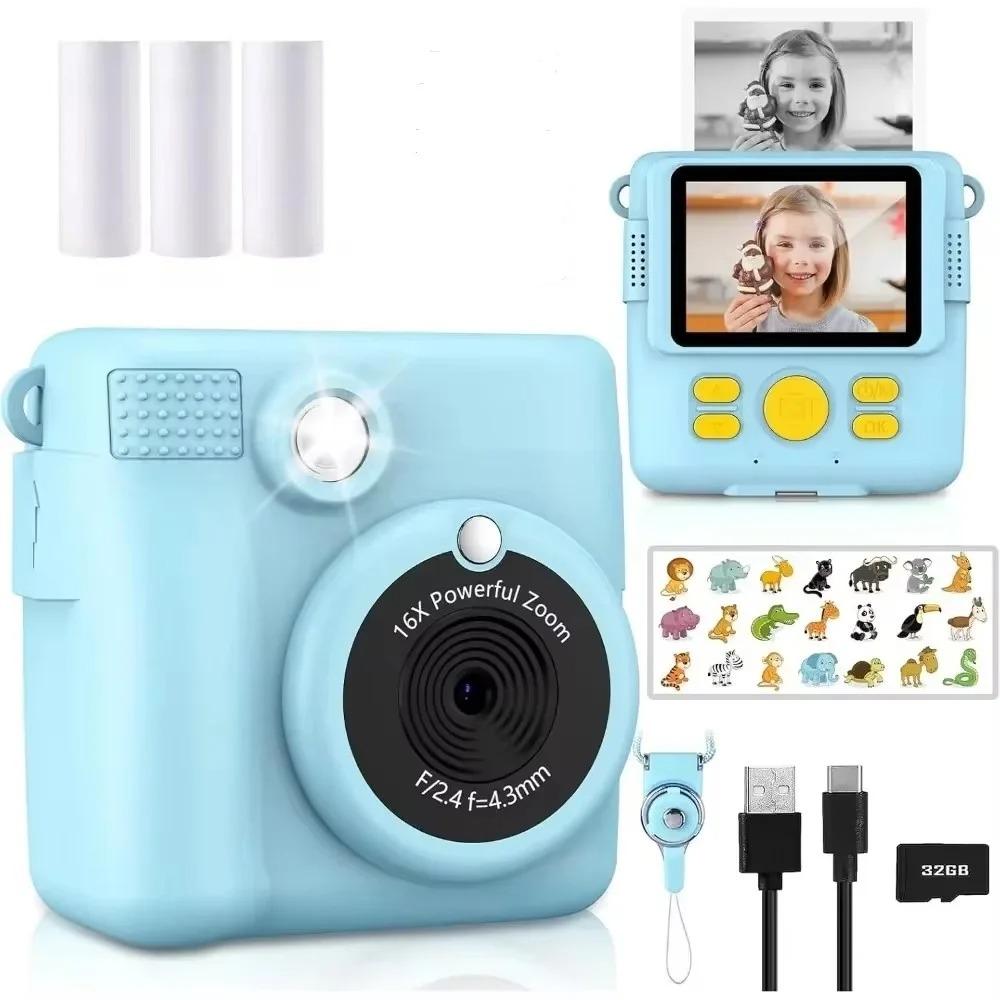 1080P HD Video Kamera Taşınabilir Anında Baskı Kamera Çocuklar İçin 3 Rulo Fotoğraf Kağıdı ve 32GB Kart ile Mükemmel Oyuncak Küçük Çocuklar