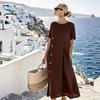 New dress European and American casual button decoration shrink pocket medium and long dress