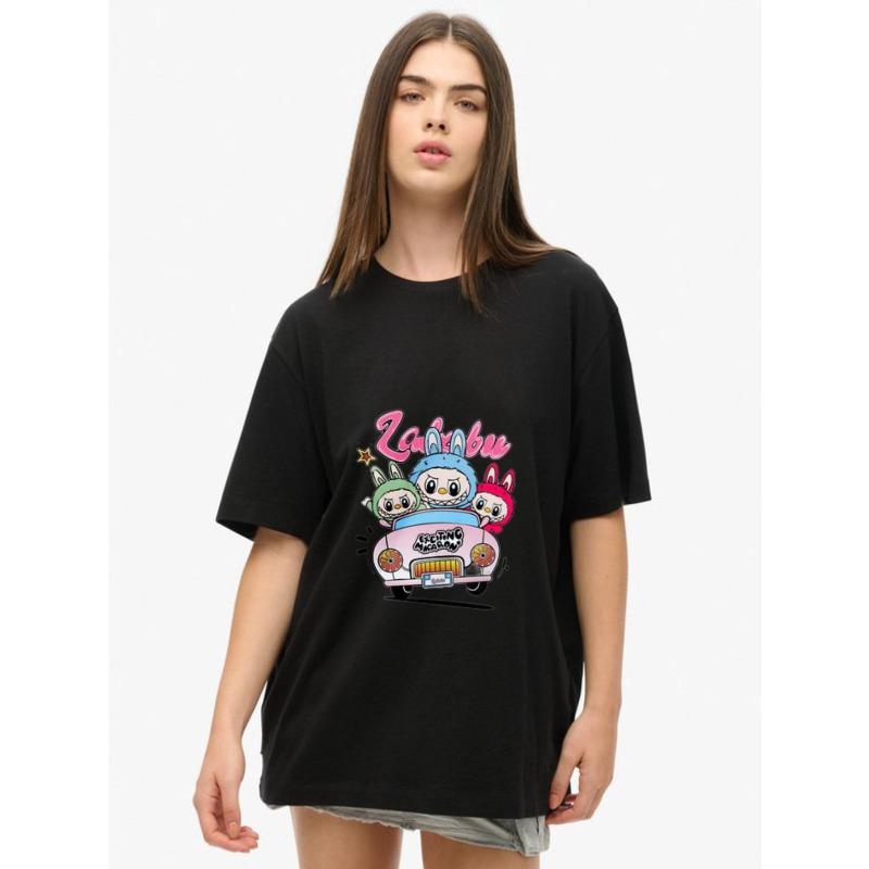 Women's Short-Sleeve T-Shirt with Colorful Cartoon "Zakubu" Bunny Characters & Pink Car Print