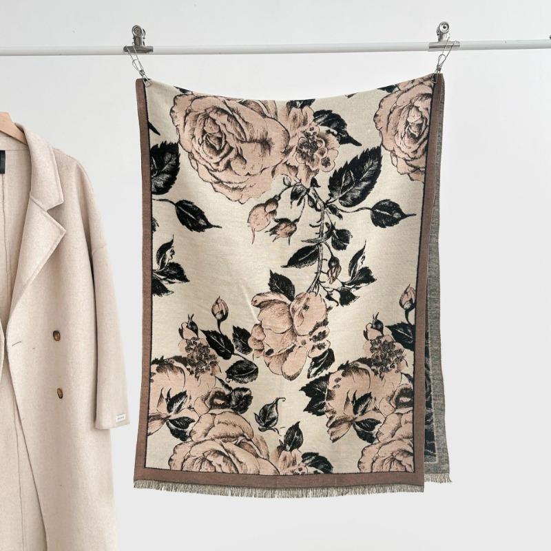 Flower scarf women's imitation cashmere retro temperament printing thickened warm scarf travel outside fashion temperament shawl
