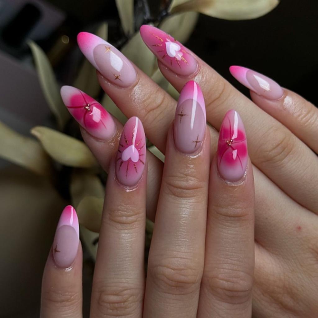 24Pcs White French Smudge Almond Press On Nails Y2K Gold Star Pink Heart Glossy False Nails