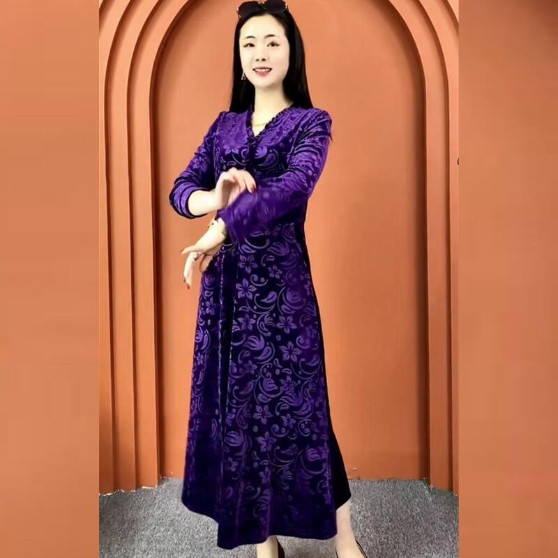 Women's Plus Size Printed Velvet Dress Autumn Loose V-neck A-line Long Casual Dress