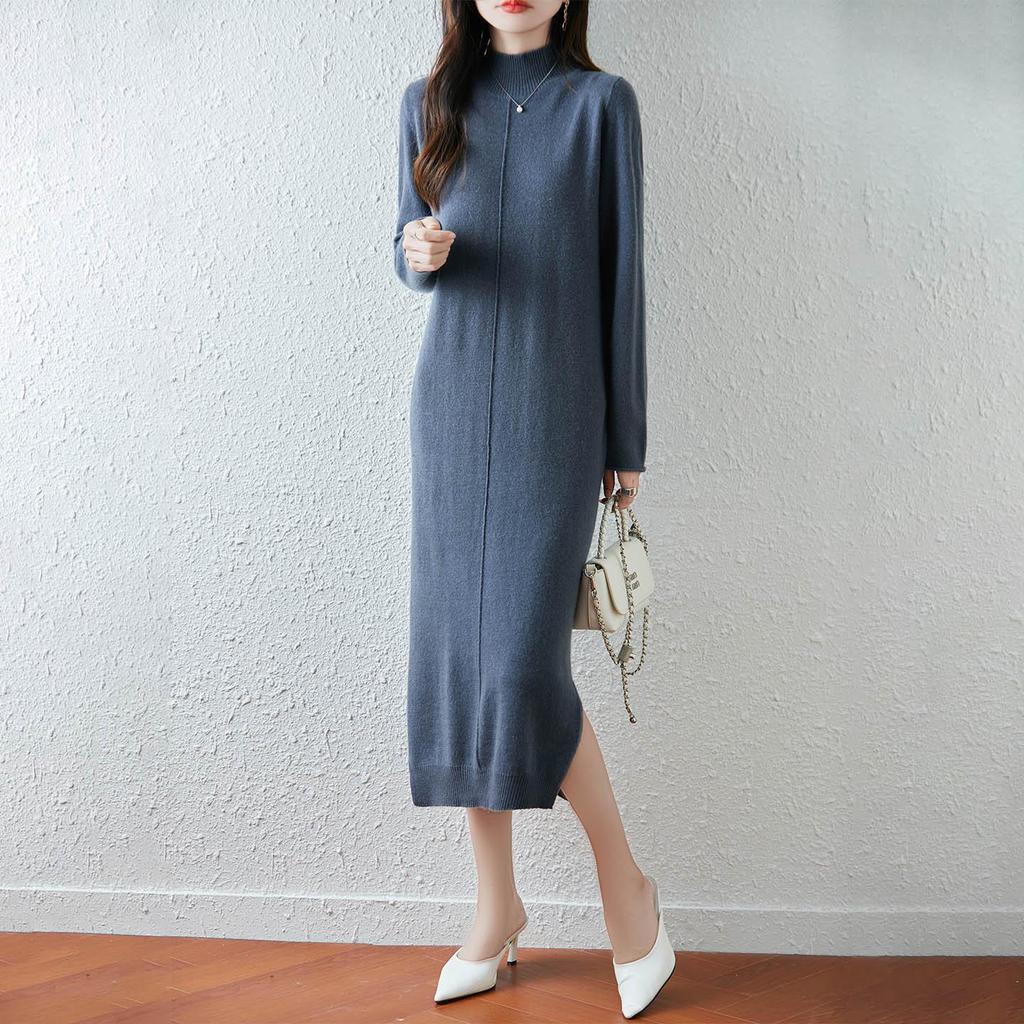 2025 Autumn/Winter Women's Wool Sweater Dress: Half-High Collar, Long Sleeve, Solid Color, Loose Fit
