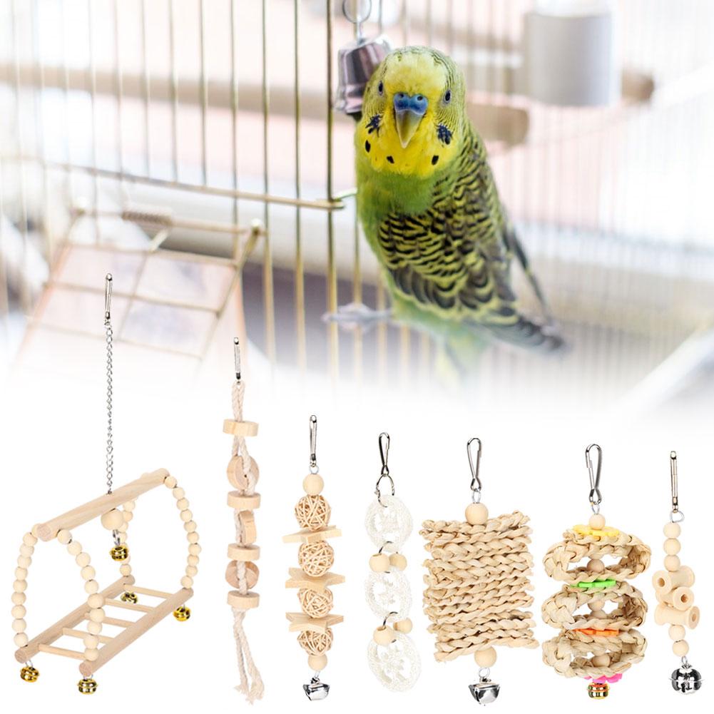 7PCS/Pack Parrot Toy Set Hanging Swing Bells  Wooden Bridge Chewing Parts Supplies