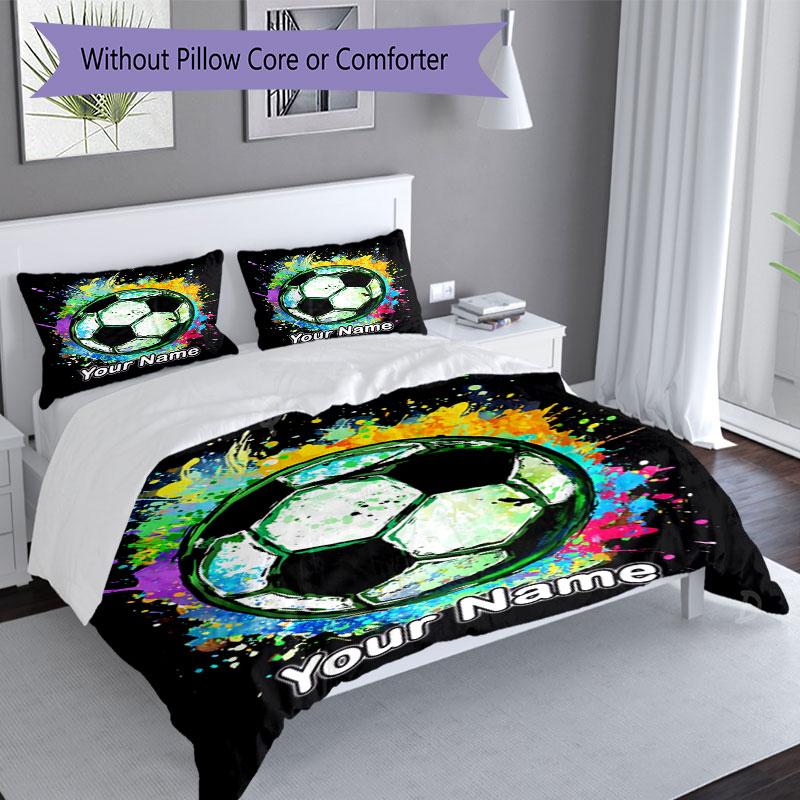 3PC Custom Name Soccer Ball Splash Art Bedding Set Duvet Cover Closure Includes 1 Duvet Cover & 2 Pillowcases for Bedroom