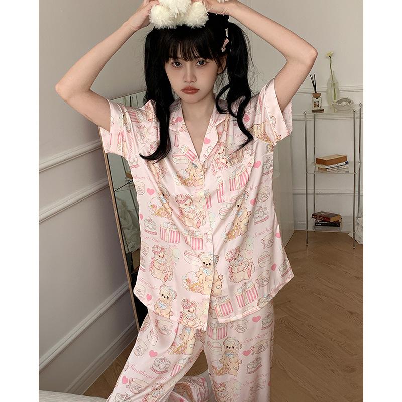 New Pajamas Women's Ice Silk Summer Short-sleeved Three-piece Silk [cake Bear] Loungewear Set Can Be Worn Outside
