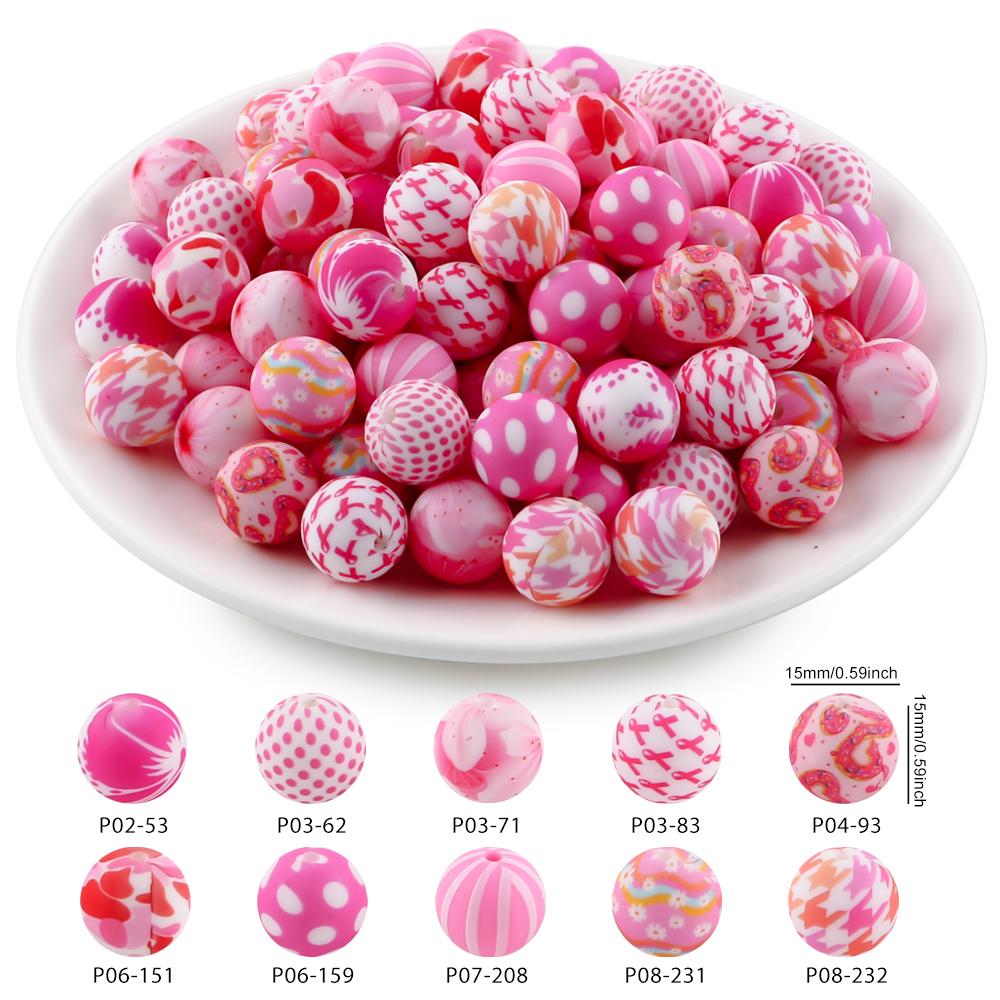 20Pcs/Bag 15MM Printed Silicone Beads Mixed For DIY Jewelry, Bracelets, Keychains, Etc