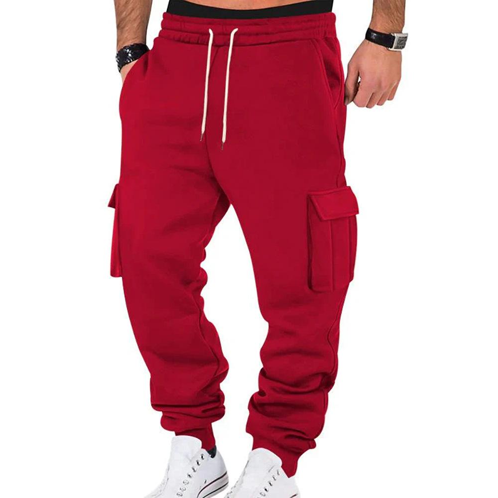 Mens Retro Casual Cargo Pants Loose Multi Pocket Drawstring Long Trousers