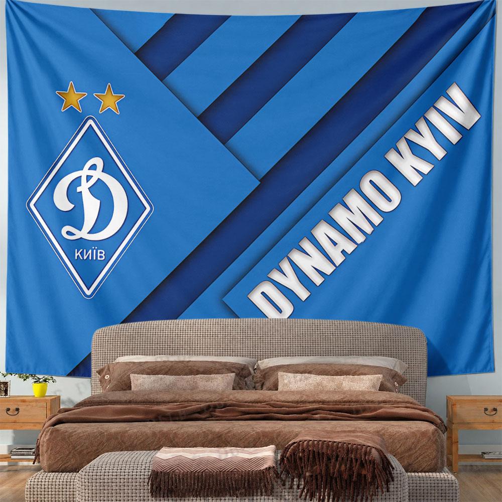 Blue geometric layers with Dynamo Kyiv logo and text highlighted. Patterned tapestry for bedroom and living room home decor
