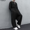 Men Collarless Long Sleeve Belt Solid Sports Casual Buttons Long Jumpsuits Rompers
