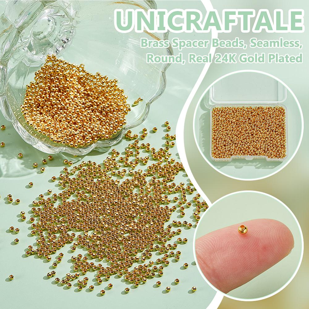 2000Pcs Brass Spacer Beads, Seamless, Round, Real 24K Gold Plated, 2.4mm