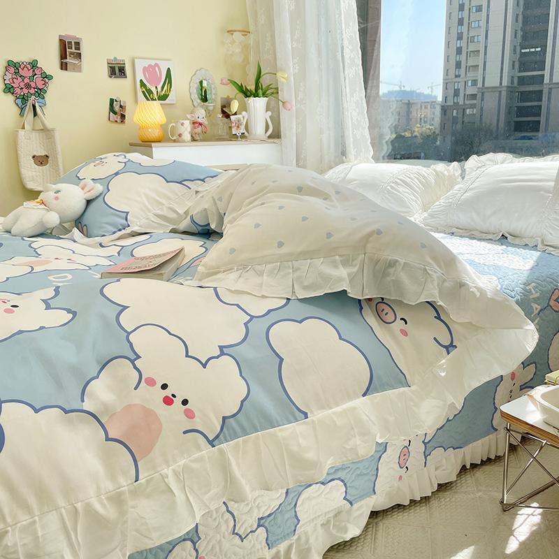 Botanical Floral and Cartoon Rabbit Duvet Cover 3pcs Kawaii Pink Bedding Set For Girl Teen 100% Cotton Farmhouse Comforter Cover