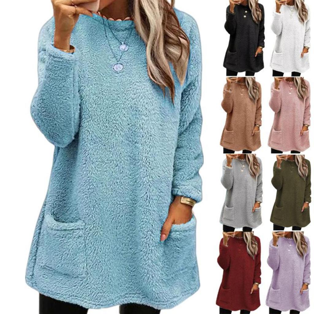Women's Velvet Sleeping Dress - Comfortable Winter Home Robe with Pocket, Round Neck Solid Color Machine Washable Casual Wear, Soft Knitted Indoor