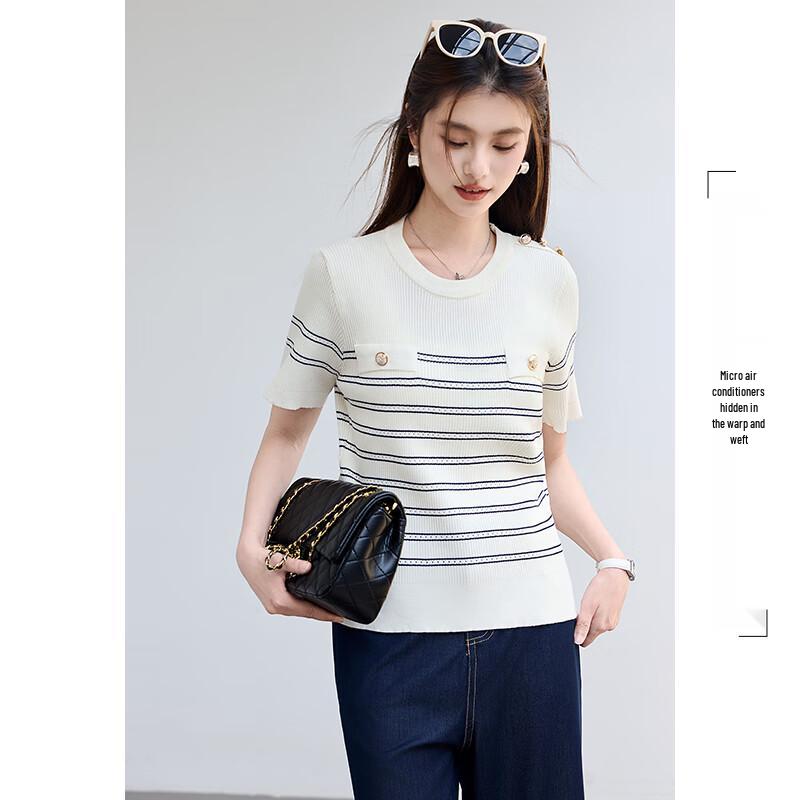 VICTORIA&VERA Women's Striped Knit Short Sleeve Top with Gold Buttons