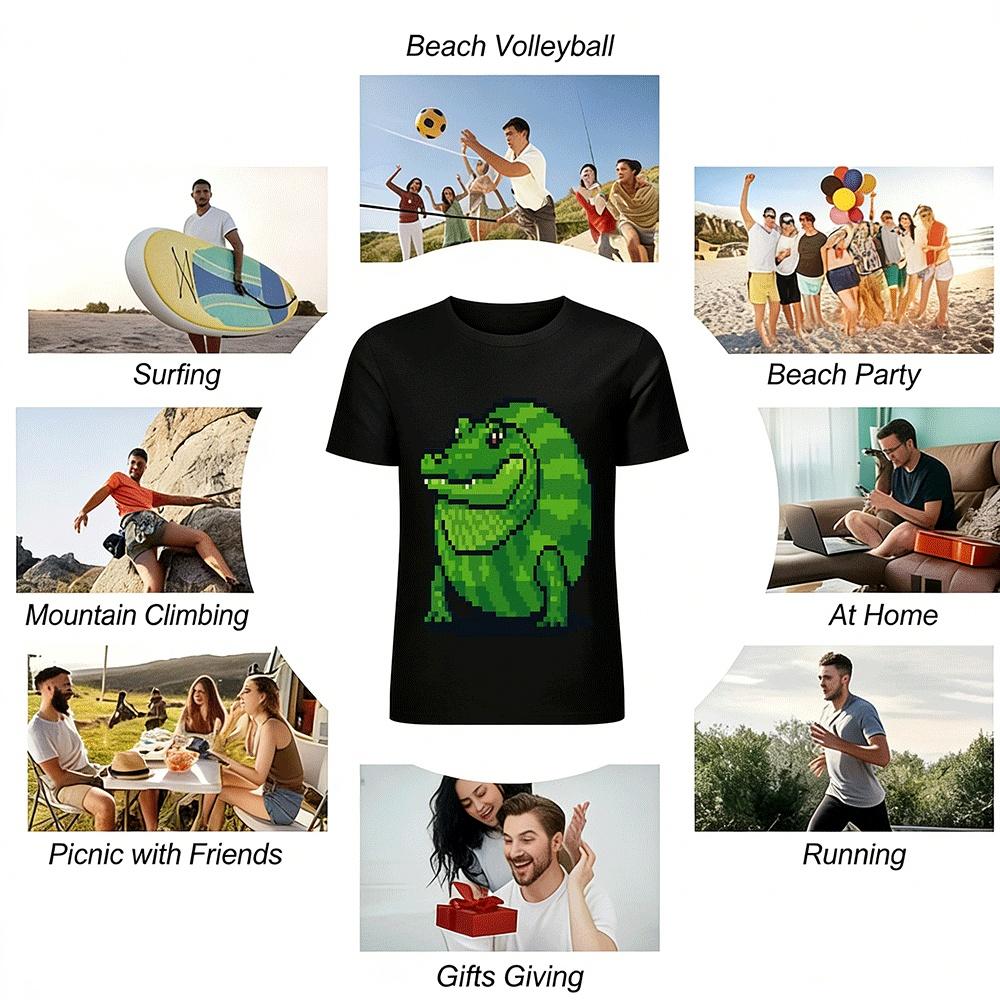 Retro Pixel Style Crocodile Print Casual T-Shirt Unisex Loose Top Pure cotton T-shirt
